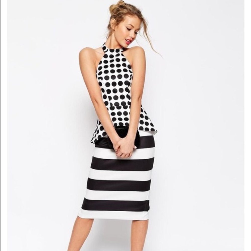 Asos scuba Halter dress in peplum top polka dot and stripe size 8